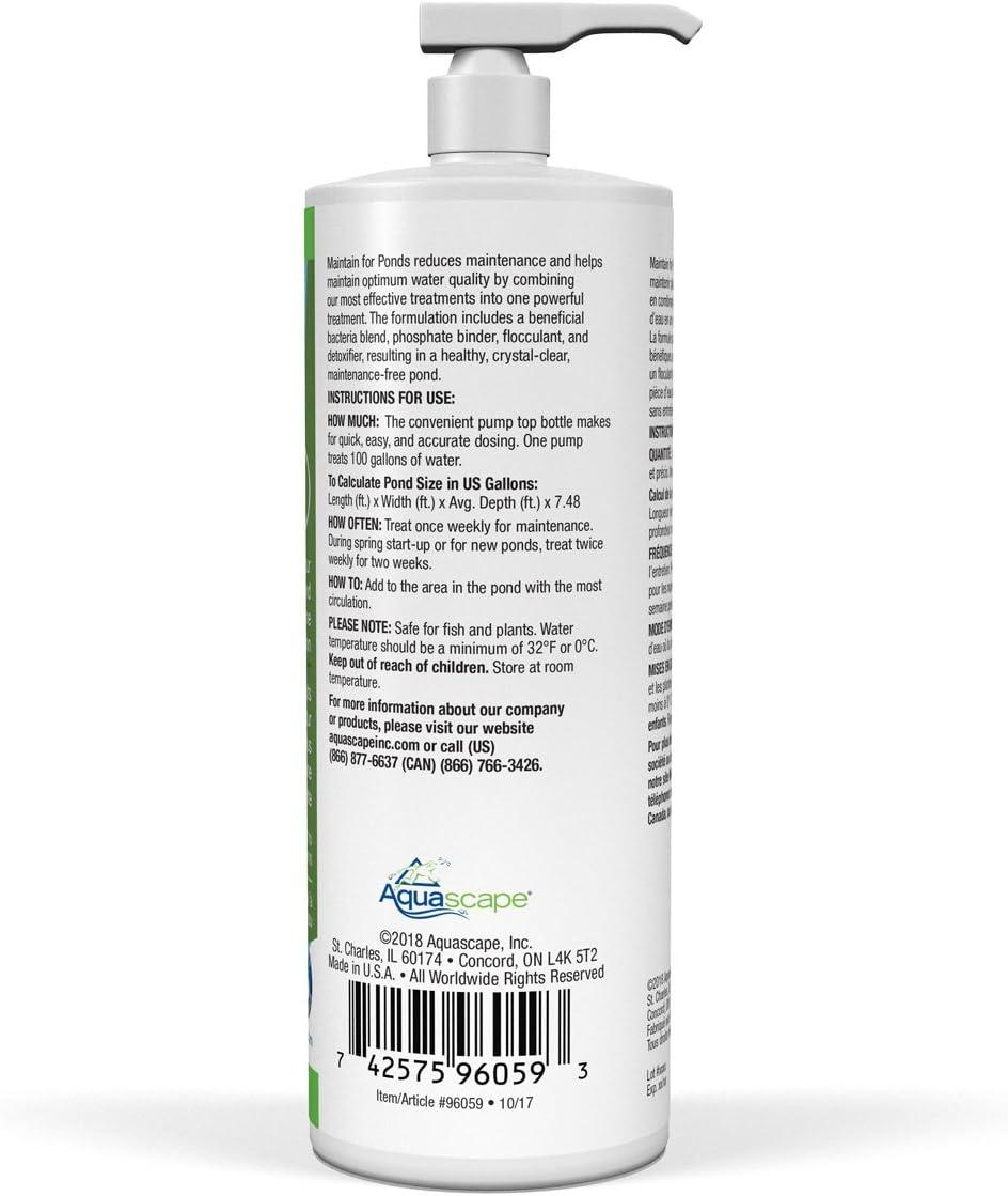 Aquascape MAINTAIN Water Treatment for Koi and Fish Ponds, Easy To Use, Powerful Blend of Beneficial Bacteria, Phosphate Binder, Flocculent, and Detoxifier, 1 gallon / 3.78 L | 96060(32-ounces)