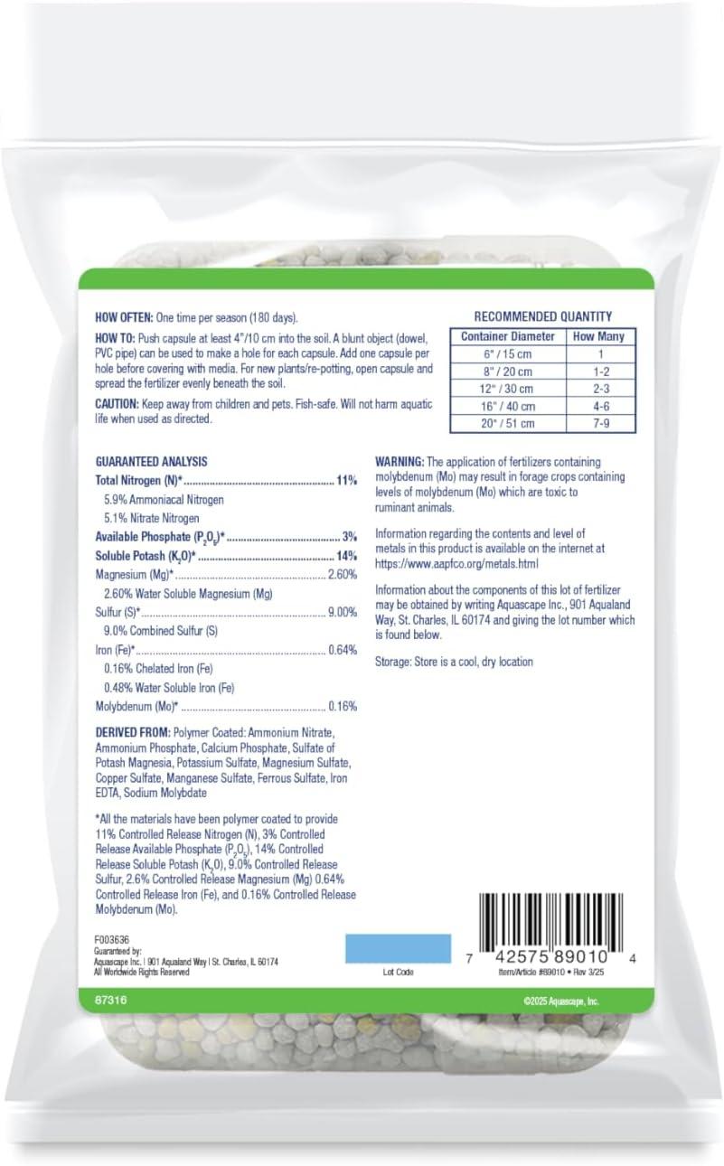 Aquascape Once-A-Year Pond Plant Fertilizer Capsules, 6-Pack, Easy Annual Feeding for Aquatic Plants, Safe for Fish, 89010(Capsules)