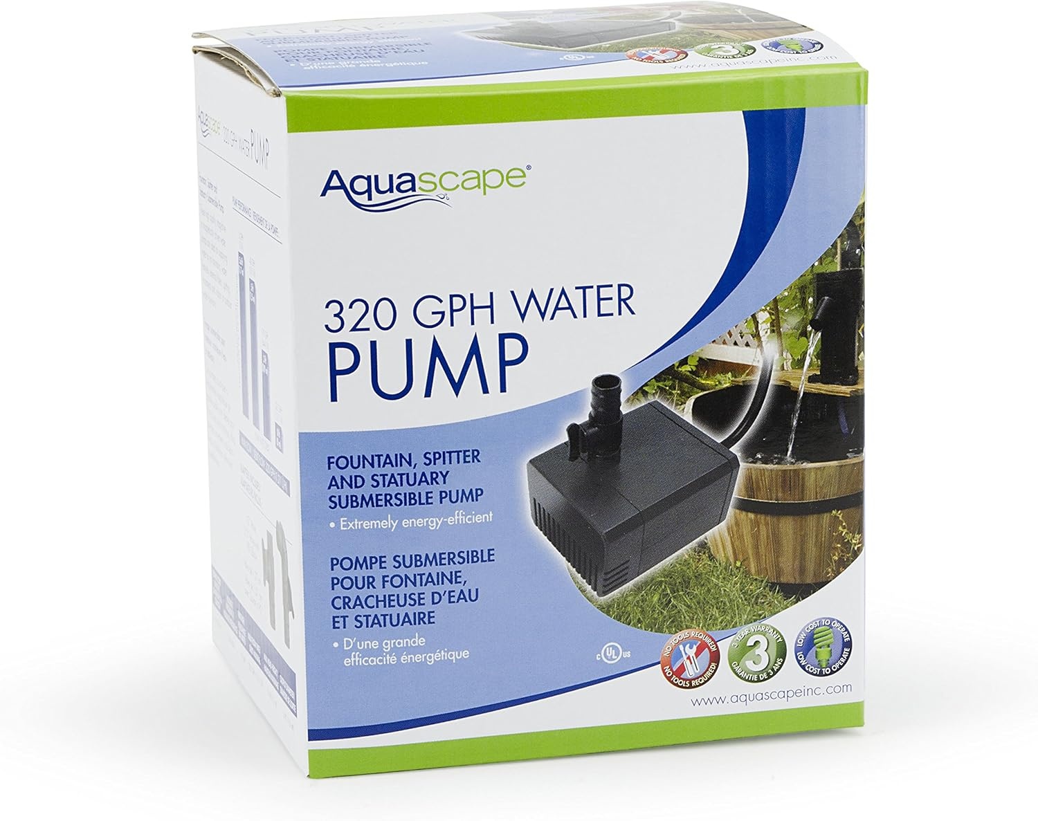 Aquascape Submersible 70 GPH Water Pump for Fountains, Waterfalls, Ponds, Aquariums, Filters, 91023(320 GPH)