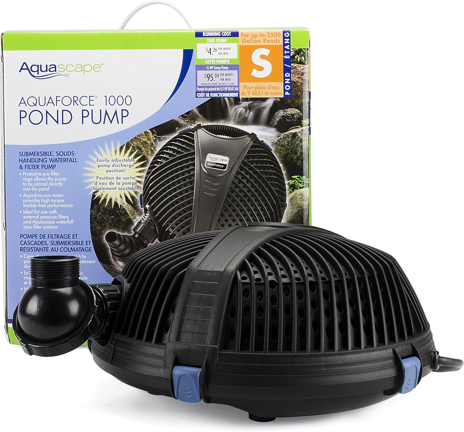 Aquascape AquaForce 3868 Solids Handling Submersible Pond Pump, Waterfall and Pond Filter Pump for Ponds, Water Features and Filtration, 91113(1000 GPH)
