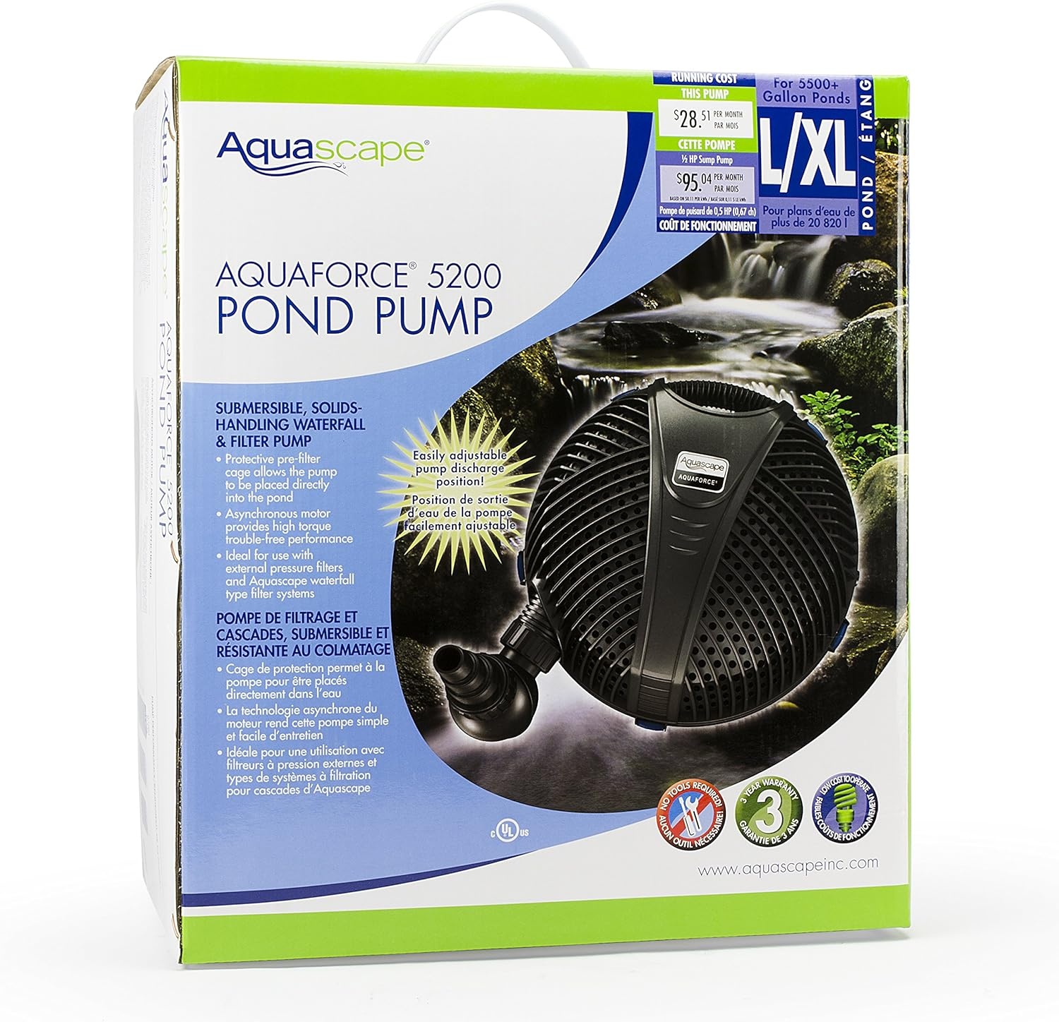 Aquascape AquaForce 3868 Solids Handling Submersible Pond Pump, Waterfall and Pond Filter Pump for Ponds, Water Features and Filtration, 91113(5200 GPH)