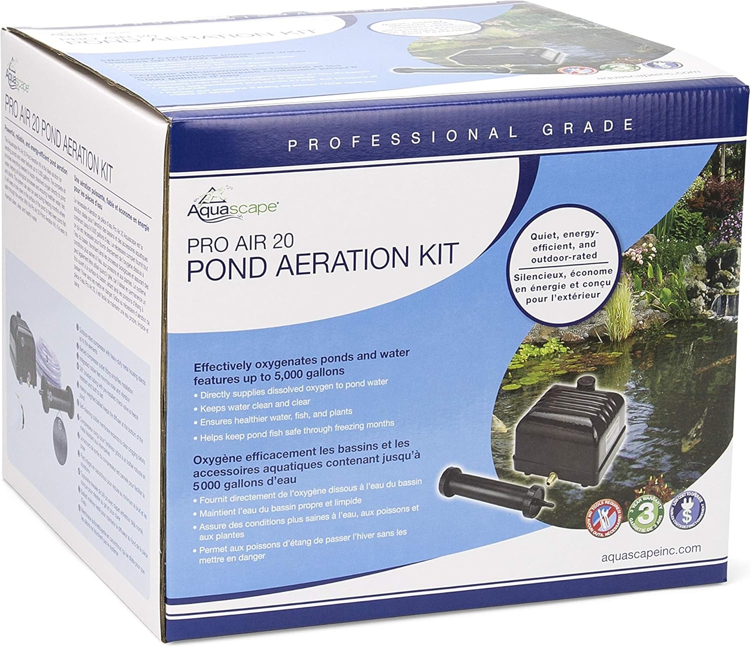 Aquascape Pro Air 20 Pond Aerator and Aeration Kit with Tubing and Self-Cleaning Diffuser, Out-Door Rated| 61009(PRO 20 Aerator KIT)