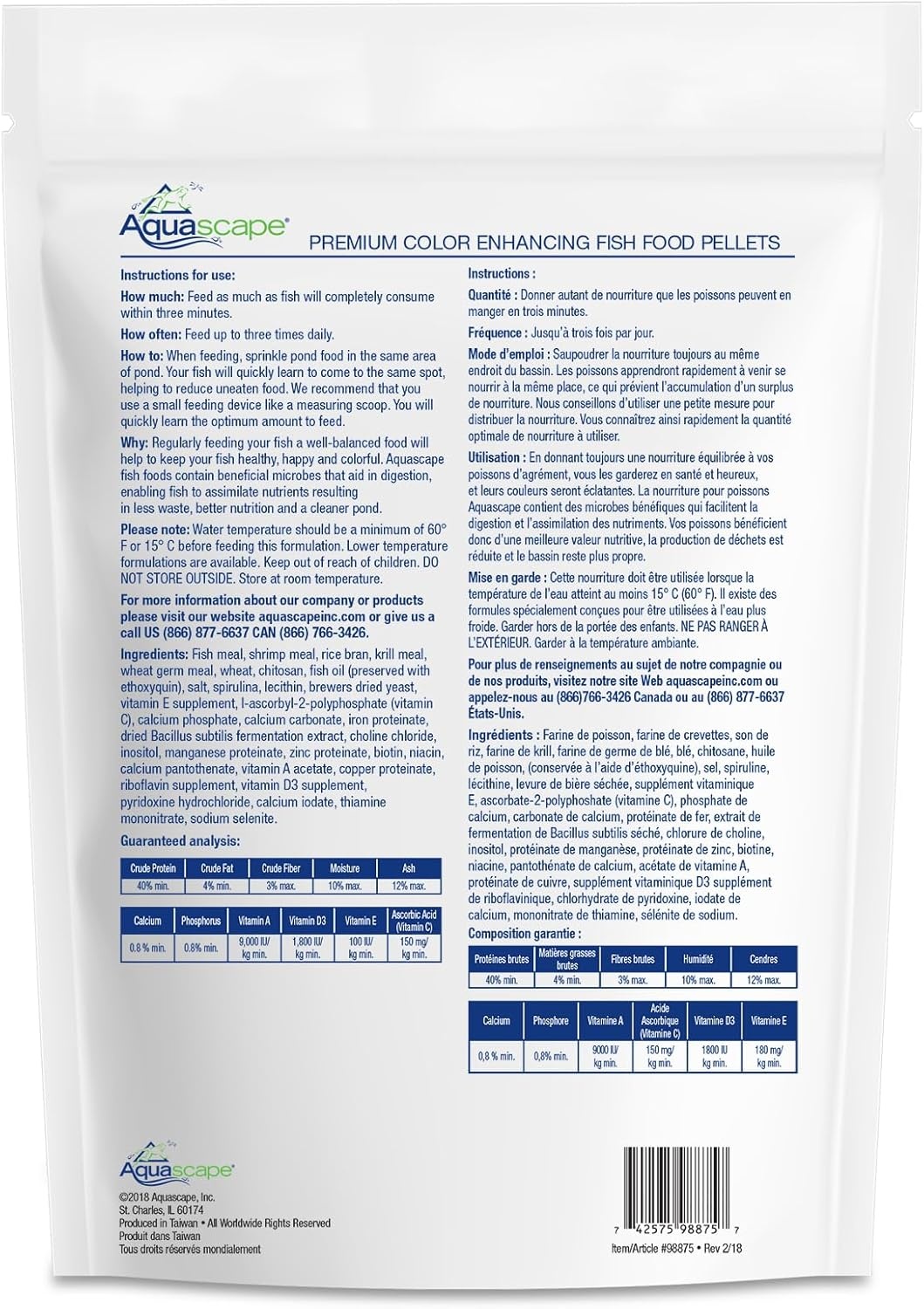 Aquascape Premium Color Enhancing Fish Food Pellets for Pond, Koi, Goldfish and More (2.2 lbs / 1 kg)(4.4 Pounds)