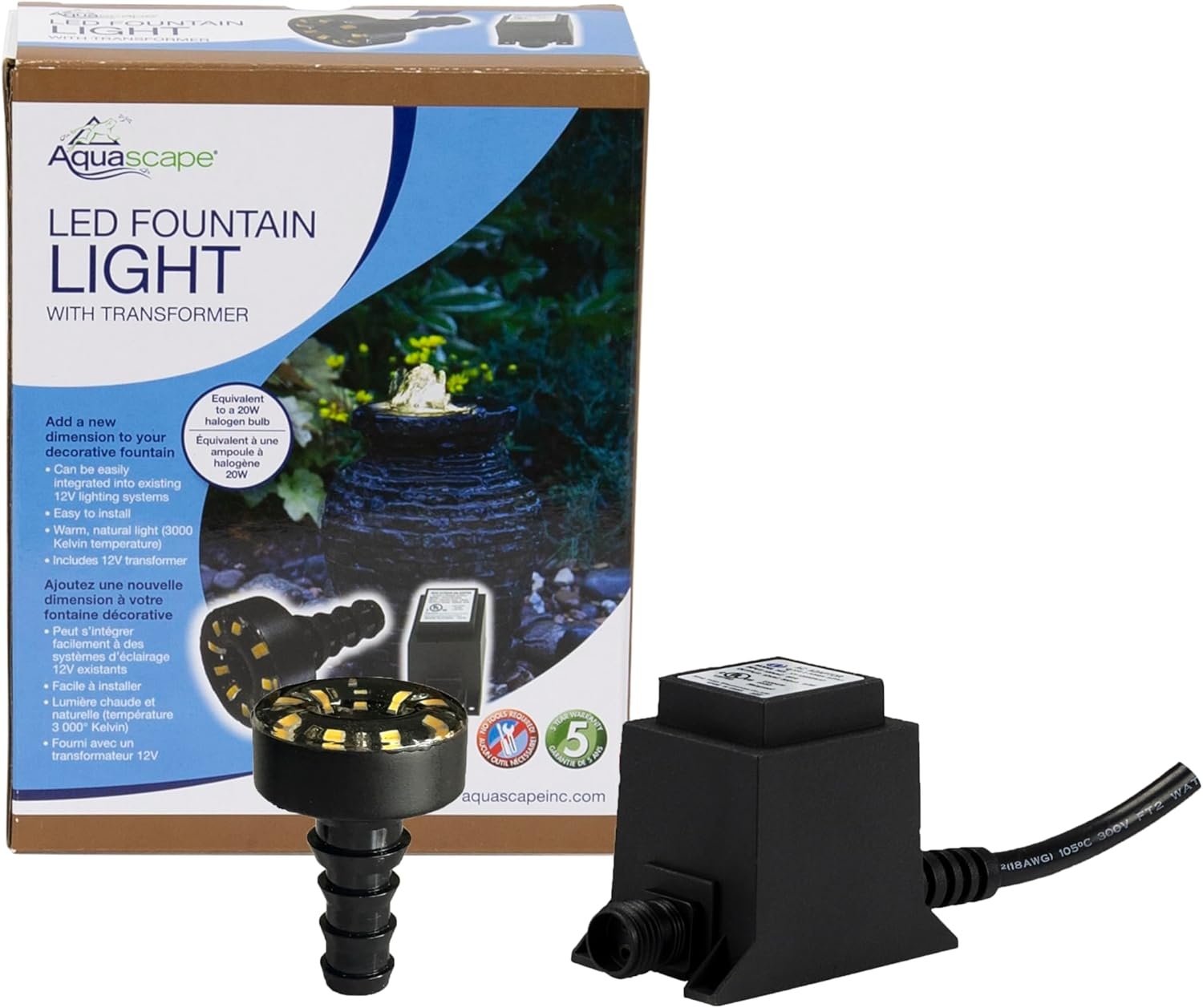 Aquascape Warm White LED Fountain Accent Light for Outdoor Water Fountains & Water Features, Submersible Pond Lighting, 84008(Fountain Light with Transformer Kit)