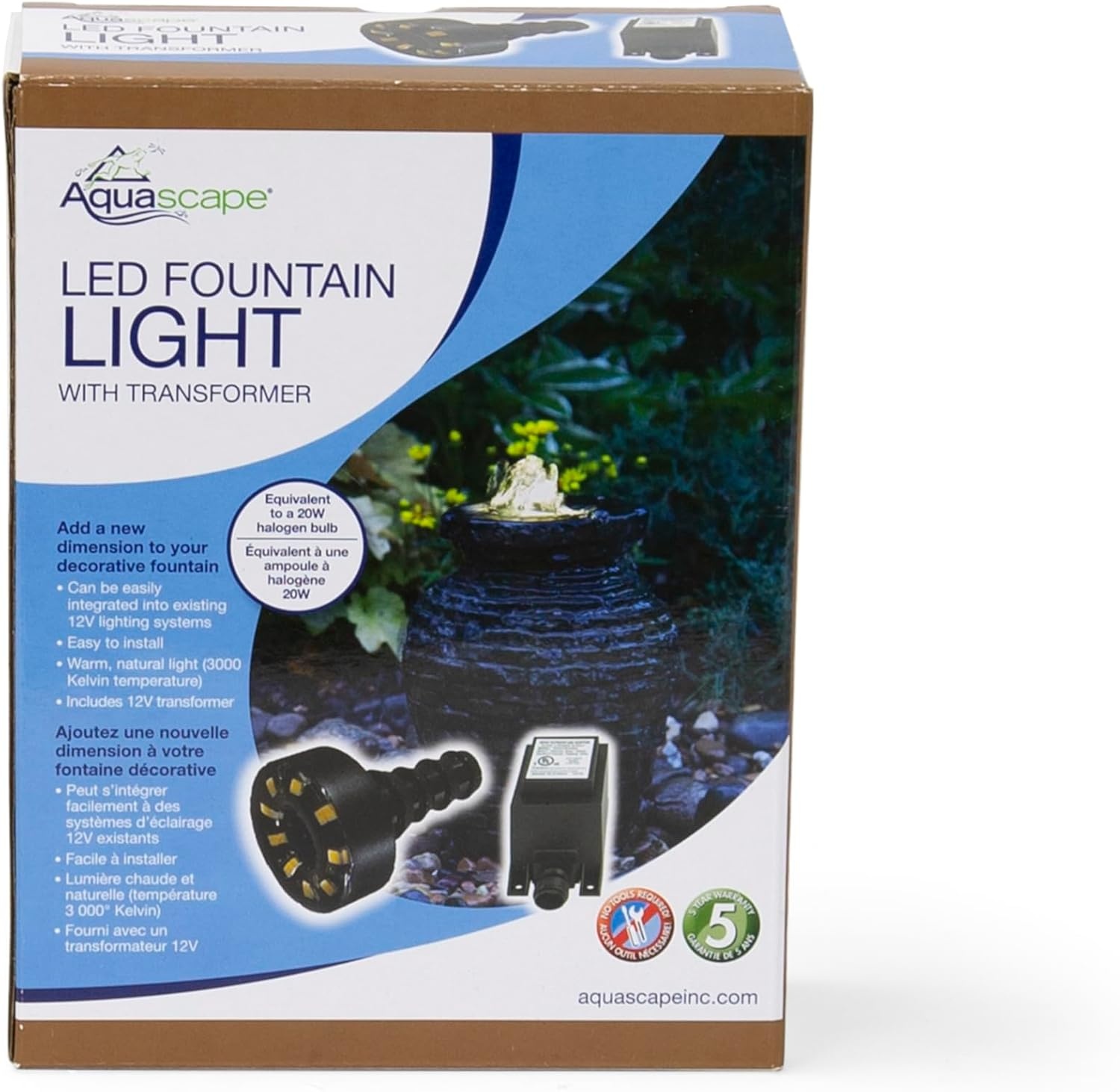 Aquascape Warm White LED Fountain Accent Light for Outdoor Water Fountains & Water Features, Submersible Pond Lighting, 84008(Fountain Light with Transformer Kit)