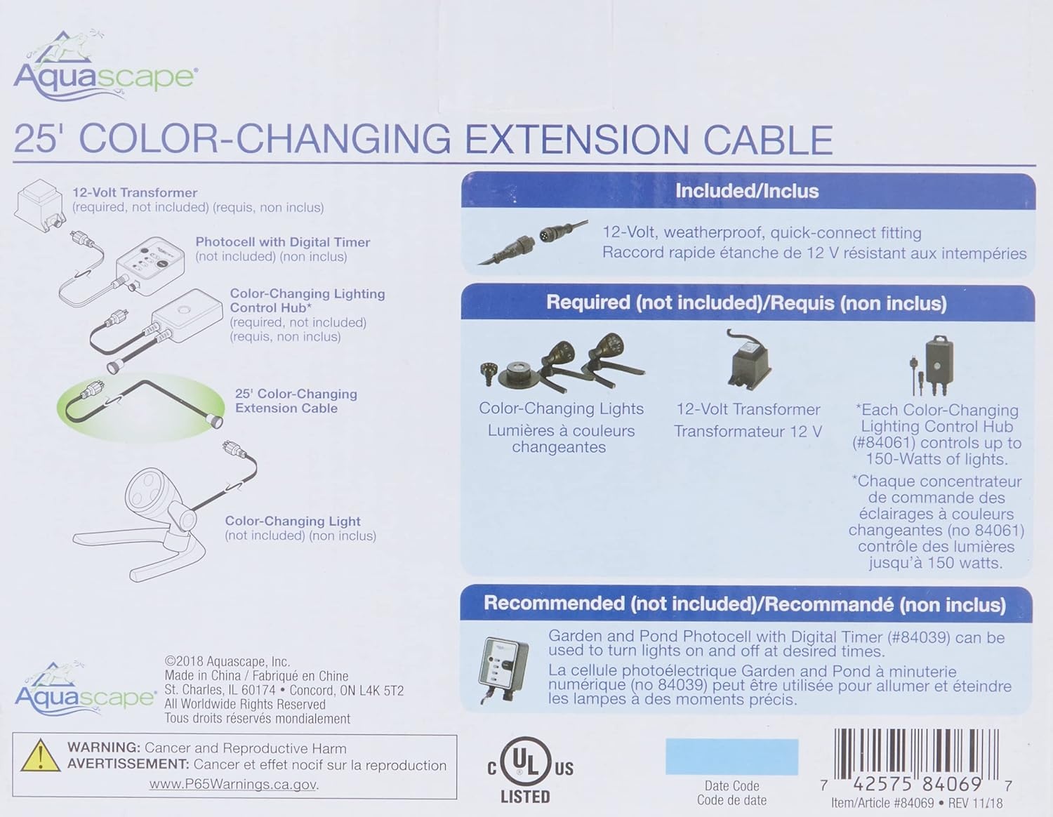Aquascape 1-Outlet White LED Outdoor Lighting Extension Cable, 2-Pin, Black, 98998(5-Pin)