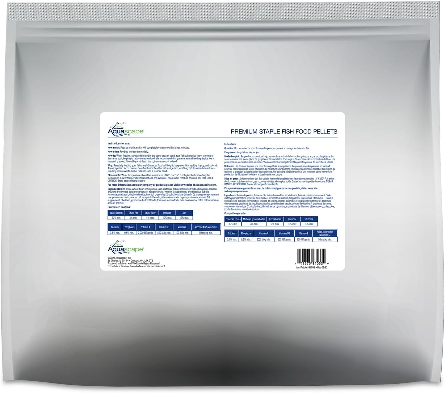 Aquascape Premium Staple Fish Food Pellets for Large Koi and Pond Fish, Large Pellet, 22 Pounds (10 Kg), 81007(11 Ounce (Pack of 1))