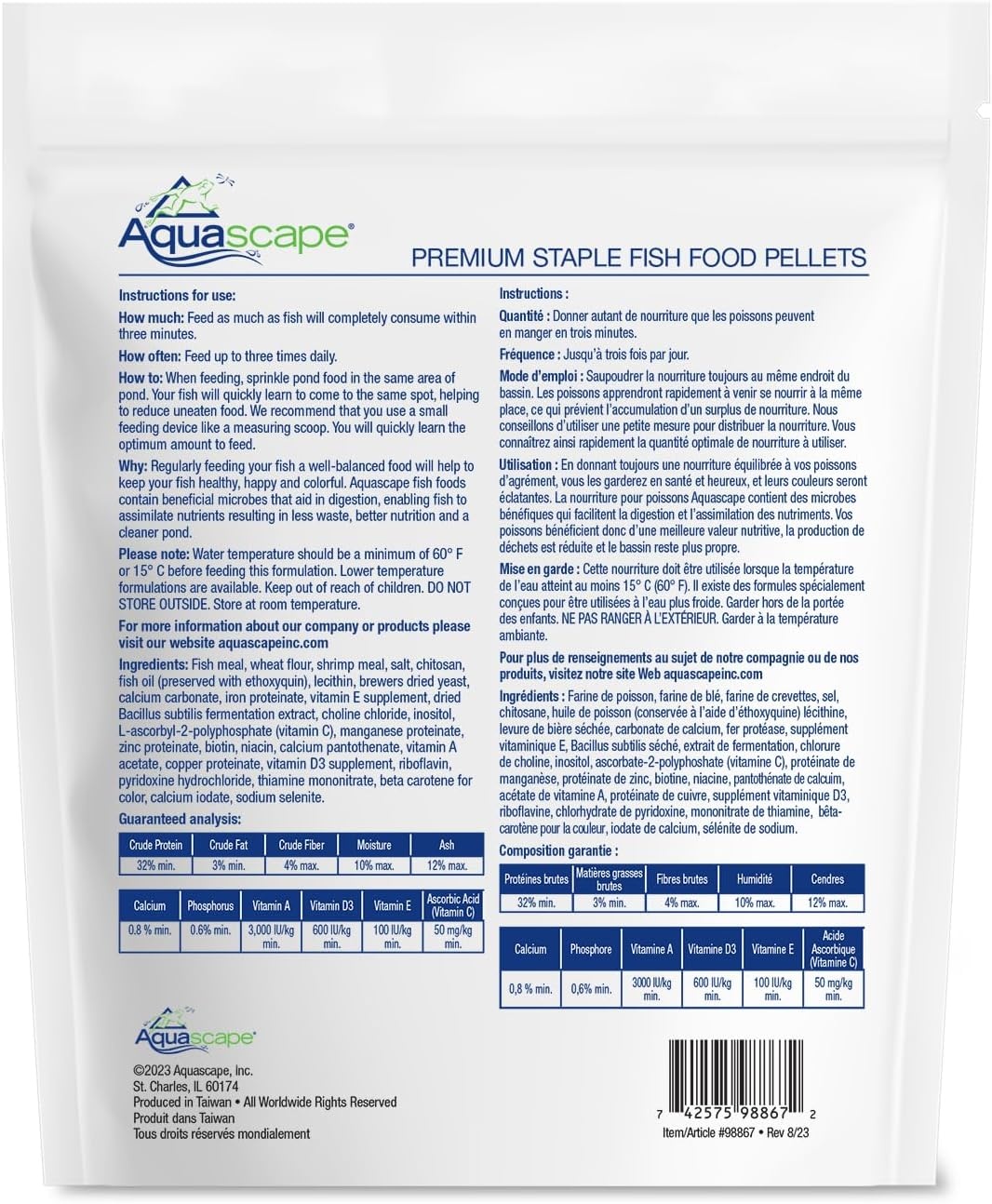 Aquascape Premium Staple Fish Food Pellets for Large Koi and Pond Fish, Large Pellet, 22 Pounds (10 Kg), 81007(1.1 Pound (Pack of 1))