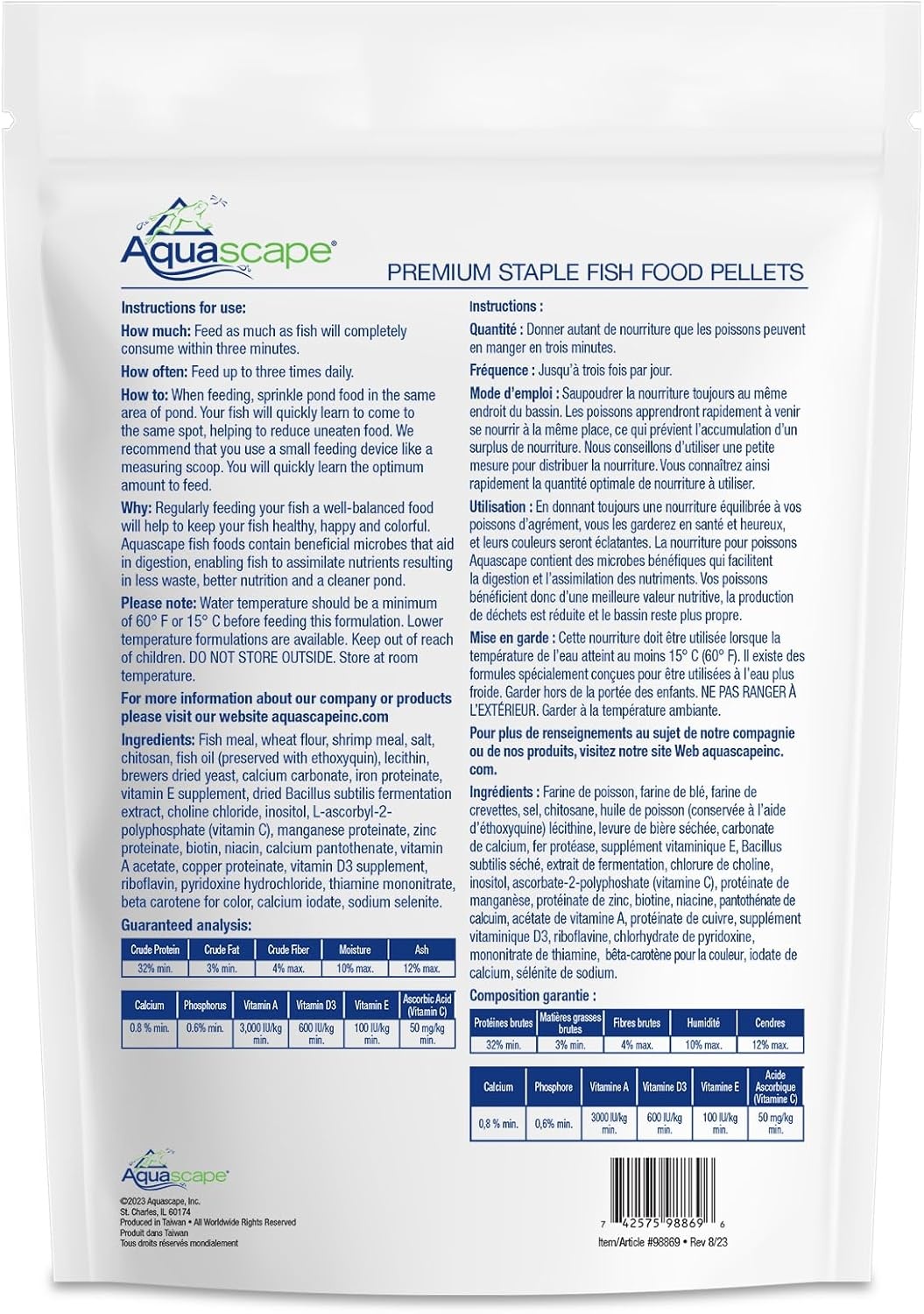 Aquascape Premium Staple Fish Food Pellets for Large Koi and Pond Fish, Large Pellet, 22 Pounds (10 Kg), 81007(4.4 Pound (Pack of 1))